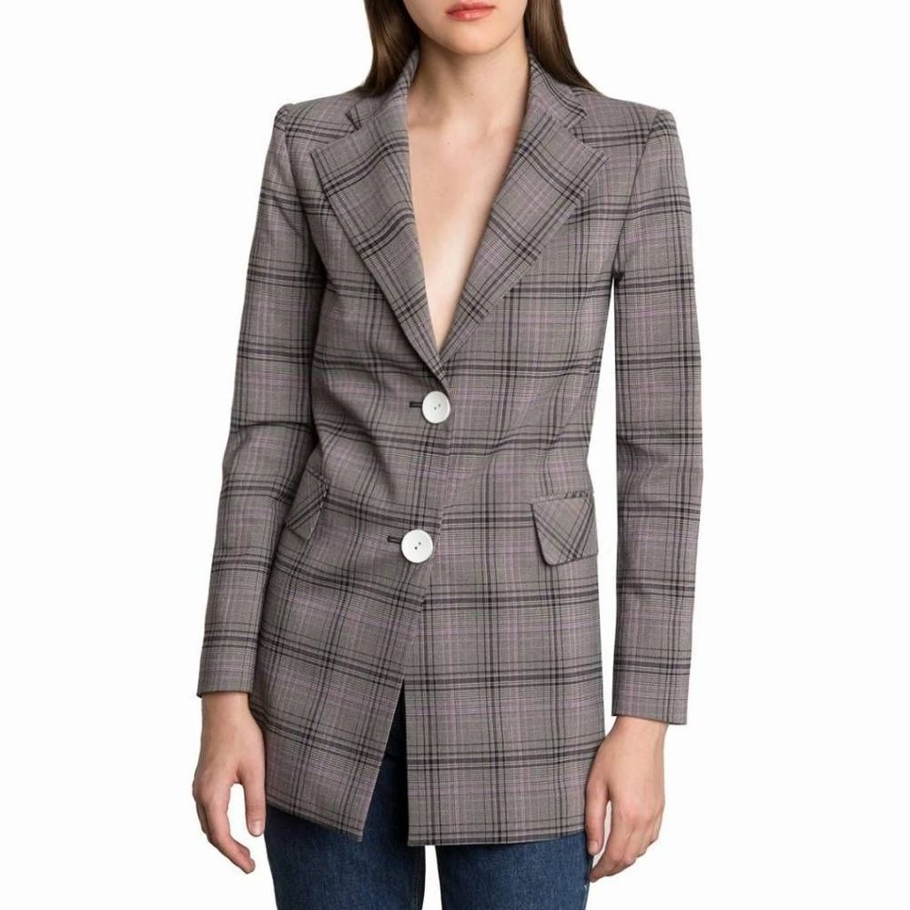 Pixie Market Womens Single Breasted Notch Lapel Plaid Black/Gray/Purple Blazer S